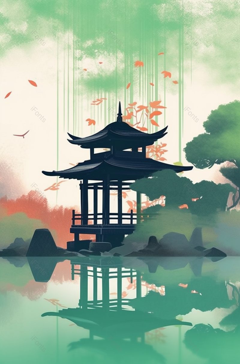 传统亭台楼阁烟雨朦胧风景插画,插画/手绘图,插画/手绘图库,插画/手绘图下载,插画/手绘